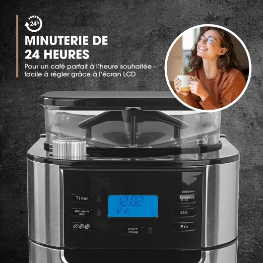 Barista Cafetière Filtre avec verseuse Isotherme 1L pur 12 tasses de café, Machine a cafe grain avec broyeur et écran digital, Fonction de minuterie D) Argent - Thermos - avec Broyeur