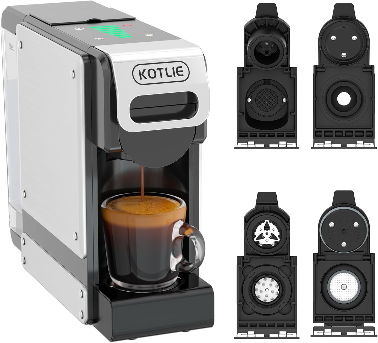 ST-550 Machine à café à capsules multifonction, pour Nespresso Original/pour Dolce Gusto/pour A MODO MIO/pour café moulu, sept réglages de volume d'eau, fonction de pré-infusion, capacité de 1 litre Argent Noir 4 In 1