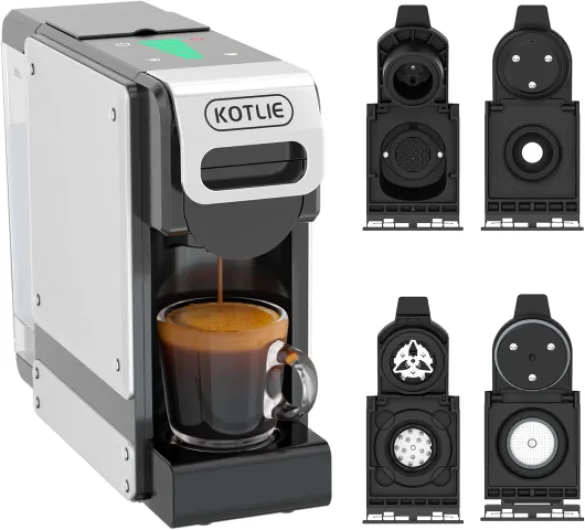 ST-550 Machine à café à capsules multifonction, pour Nespresso Original/pour Dolce Gusto/pour A MODO MIO/pour café moulu, sept réglages de volume d'eau, fonction de pré-infusion, capacité de 1 litre Argent Noir 4 In 1