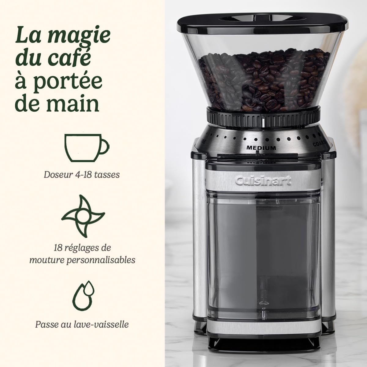 Moulin à café pour la maison - 4-18 tasses - 18 réglages de mouture - Différentes intensités d'infusion - espresso, infusion à froid, latte, cappuccino - lavable au lave-vais Acier Inoxydable