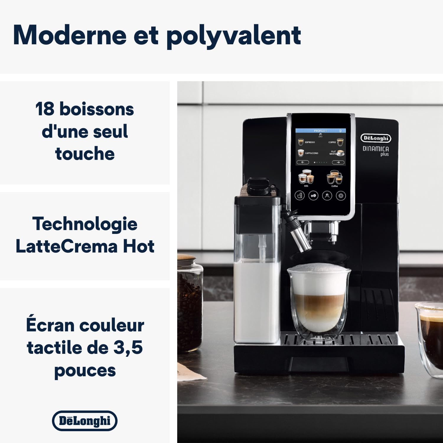 De'Longhi Dinamica Plus ECAM382.70.B, Machine Automatique à Café en Grains, Cafetière avec Technologie LatteCrema, Machine Espresso avec 18 Recettes, Écran TFT 3,5", 1450W, Noir 18 Boissons