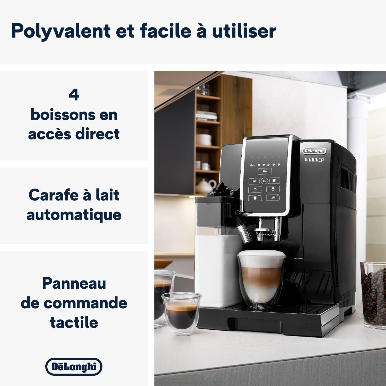 De'Longhi Dinamica Machine a Café Grain ECAM350.50.B, Machine Expresso et Cappuccino, Ecran Tactile, 1.8L, Noir