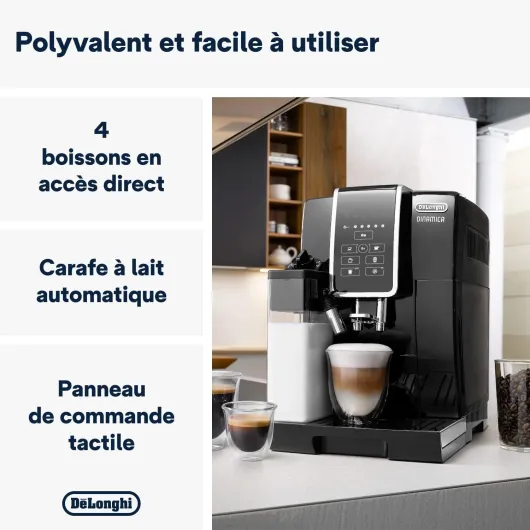 De'Longhi Dinamica Machine a Café Grain ECAM350.50.B, Machine Expresso et Cappuccino, Ecran Tactile, 1.8L, Noir
