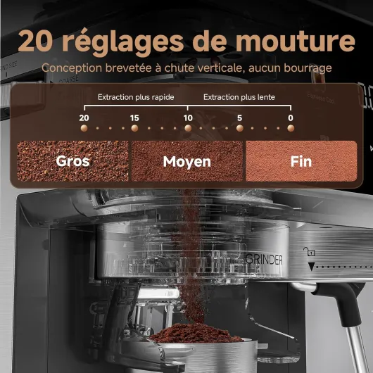 Machine à Café Expresso avec Broyeur,Cafetière à Grains 20 Bar,Contrôle Personnalisé : 3 Températures & 20 Réglages Mouture,Mousseur à Lait, Café Froid,1350W 1.7L Black
