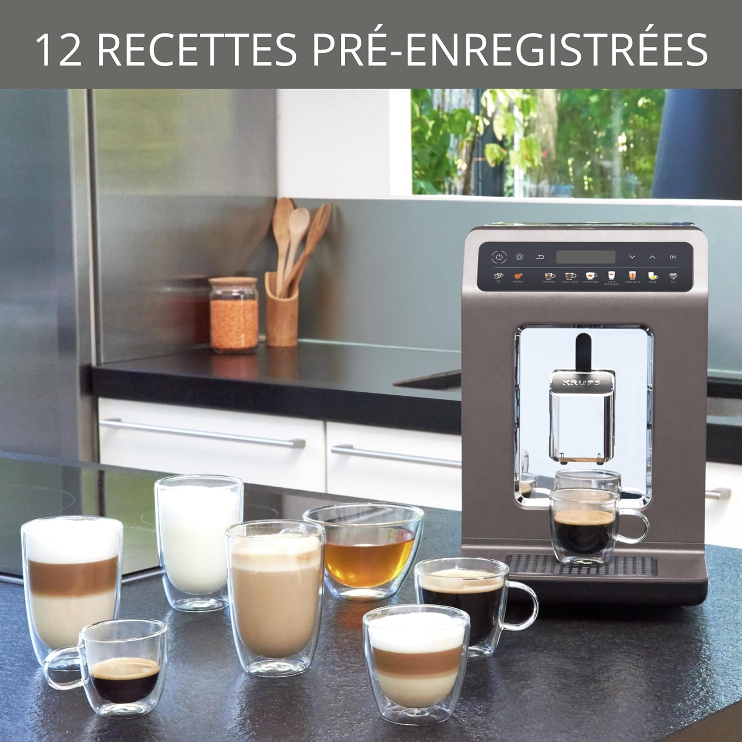 Machine à café broyeur grain, tout automatique, 12 boissons pré-enregistrées, cafetière Espresso et boissons lactées,personnalisation des boissons écran LED Evidence One EA895N10 Evidence 12 boissons Anthracite
