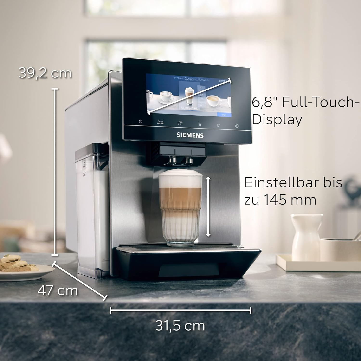 , machine à café automatique EQ900 TQ903D03, contrôle par l'application, écran tactile, mode barista, AromaBoost, réduction du bruit, broyeur premium, nettoyage à la vapeur, 1 500 W, inox moderne