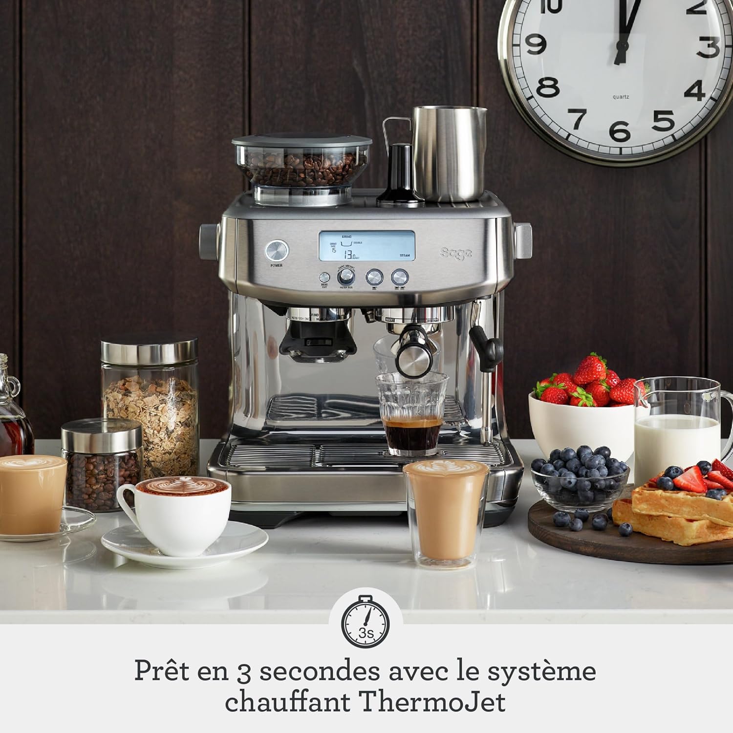 The Barista Pro - Machine à Café avec Mousseur à Lait Manuel & Moulin Conique Intégré - 30 Réglages de Mouture, 1650W - Pichet et Tamper Inclus - Acier Inoxydable Noir