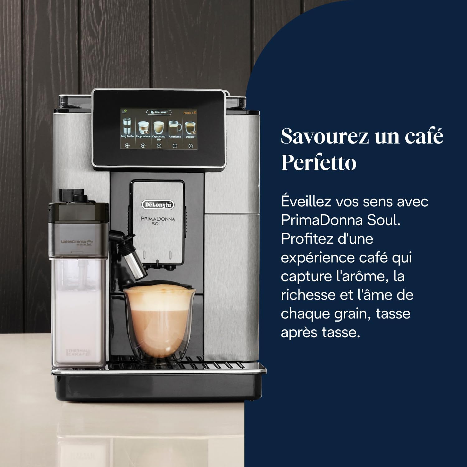 De’Longhi PrimaDonna Soul - Perfetto Machine à Café Automatique avec LatteCrema Mousseur à Lait Automatique, 18 Boissons en une Seule Touche, Écran Full-Touch, Argent et Noir (ECAM612.55.SB) Unique