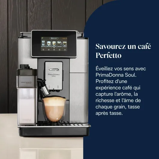 De’Longhi PrimaDonna Soul - Perfetto Machine à Café Automatique avec LatteCrema Mousseur à Lait Automatique, 18 Boissons en une Seule Touche, Écran Full-Touch, Argent et Noir (ECAM612.55.SB) Unique