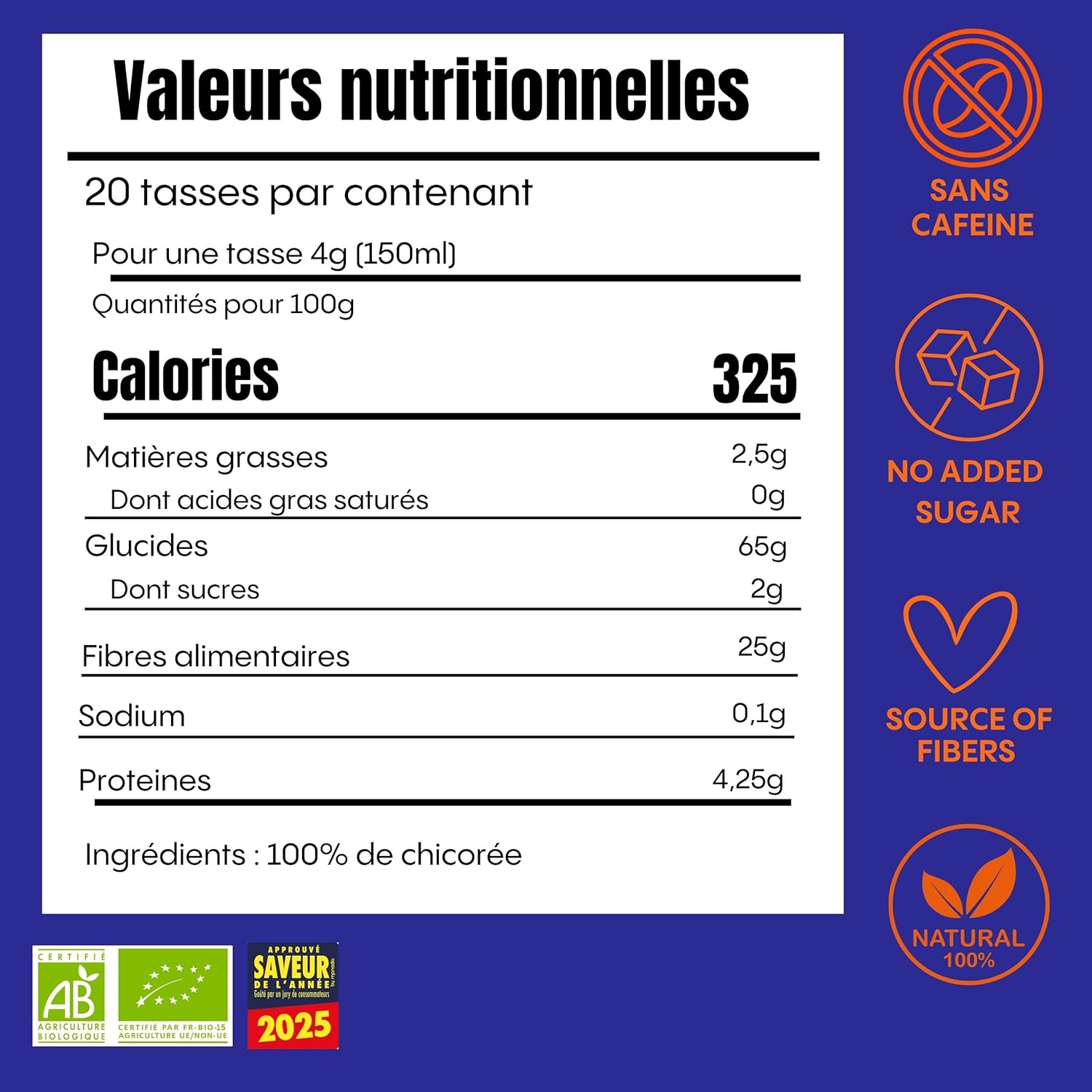 Chicorée soluble – Pack de 6 x 100g - Chicorée sans caféine nature - Riche en fibres - Origine végétale - Notes toastées et noisette 100% Chicorée