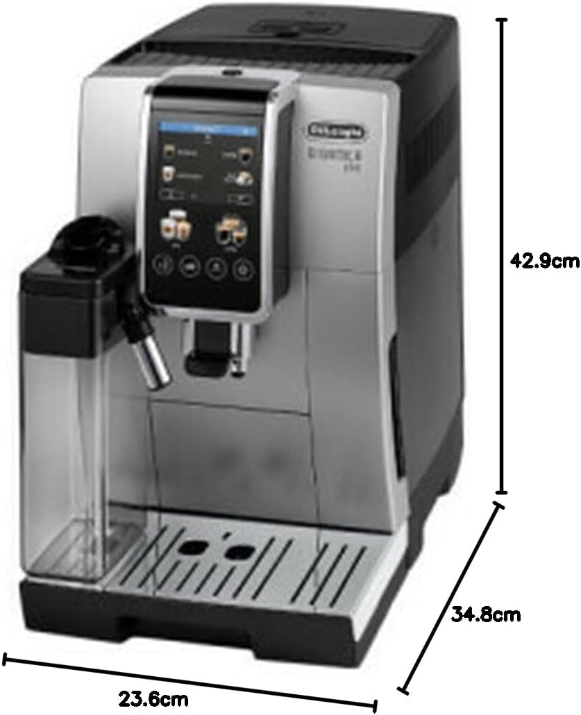 De'Longhi Dinamica Plus ECAM380.85.SB, Machine Automatique à Café en Grain, Machine Cappuccino avec LatteCrema Hot, Cafetière Espresso à Grain avec 24 Recettes, TFT 3,5", Argent/Noir