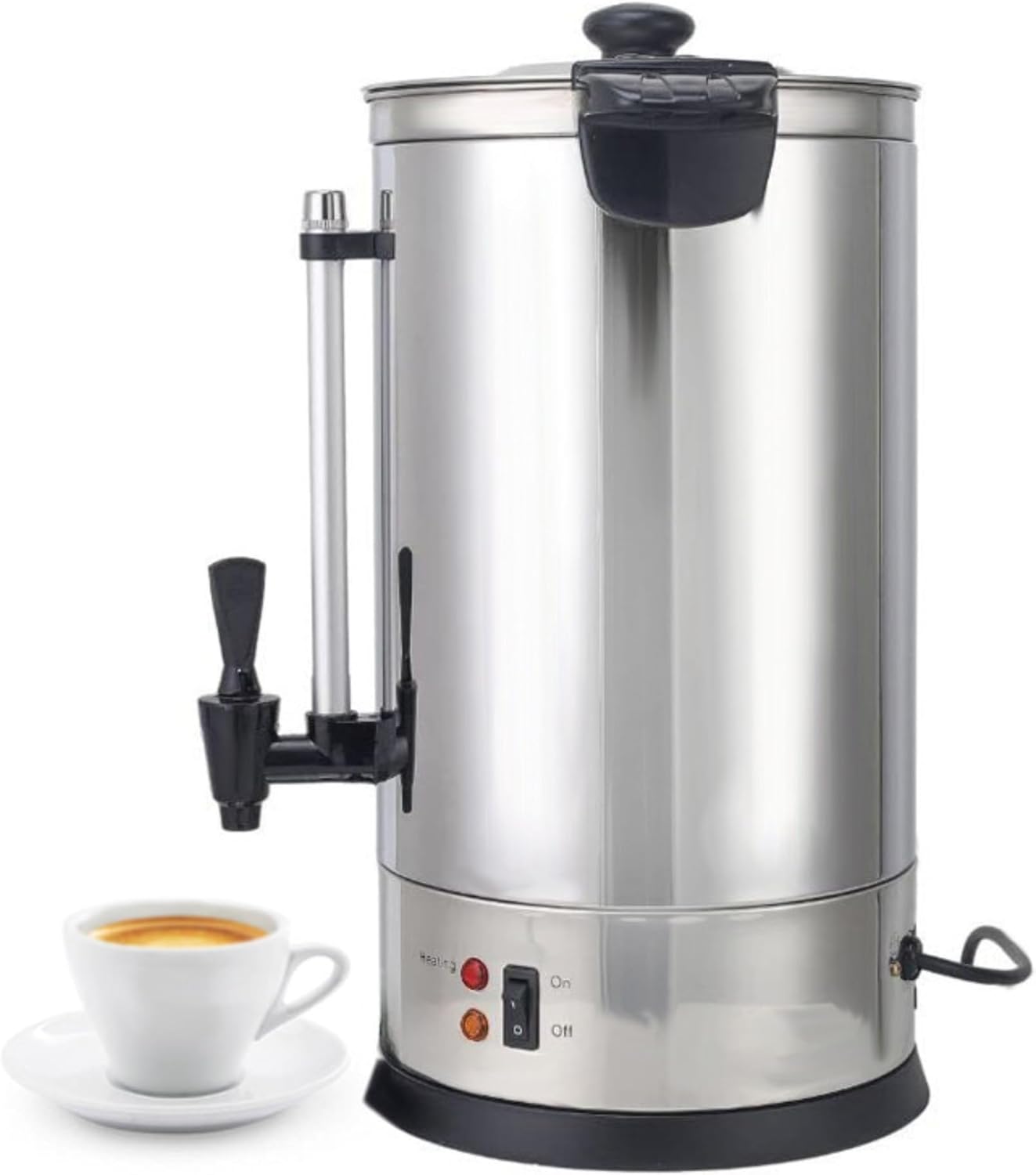 Percolateur à Café Inox 6L – 950W – Machine à Café Professionnelle 40 Tasses – Chauffe Rapide – Robinet Anti-Goutte – Température 90-92°C – Jauge de Niveau – Panier Inclus – Inox Simple Paroi