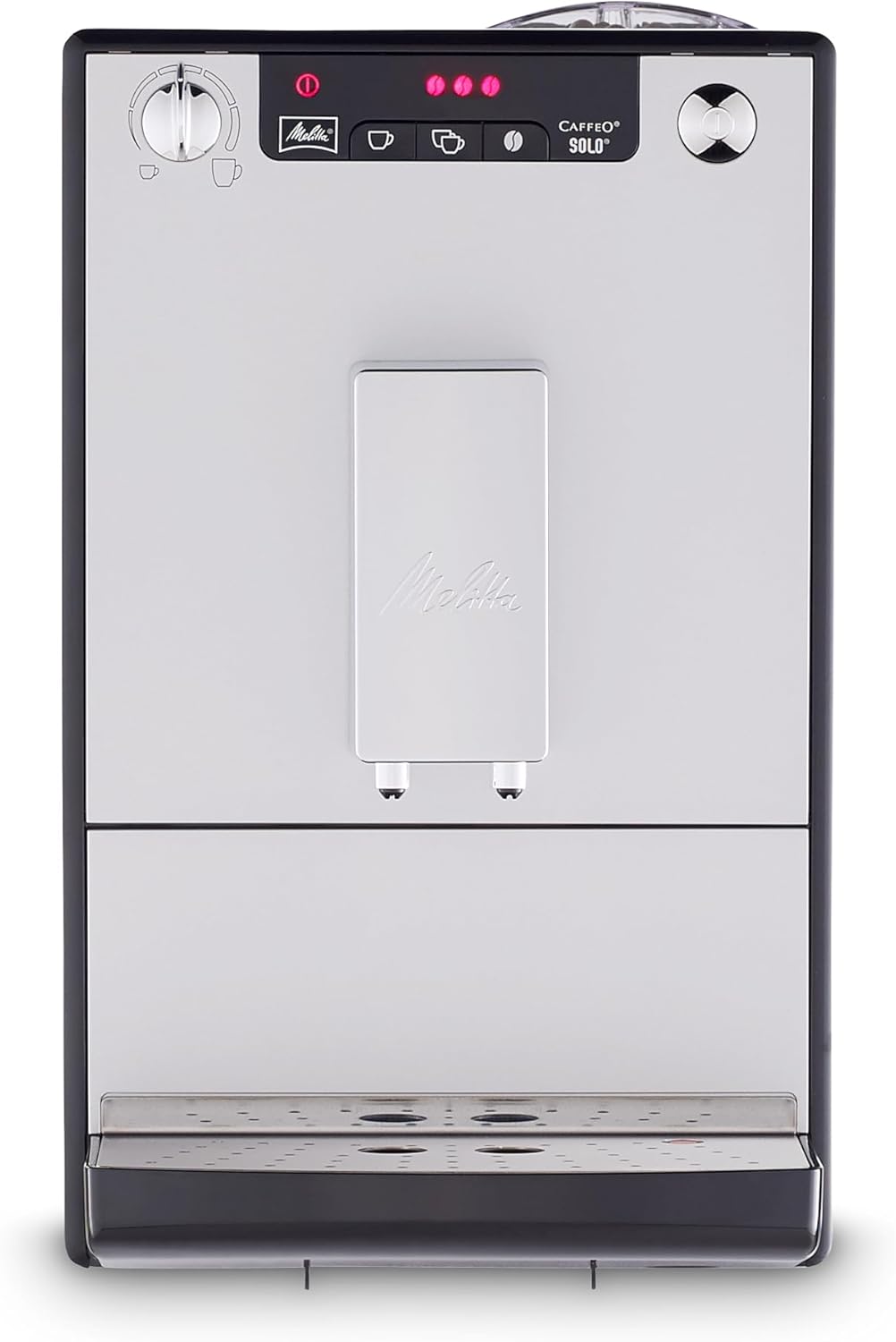 Solo Argent, Machine à Café à Grains avec Broyeur et Système d'Extraction des Arômes, Affichage LED, Mode 1 à 2 Tasses, Cafetière Expresso, Automatique, E950-203, 1400W Argent/Noir Cafetière