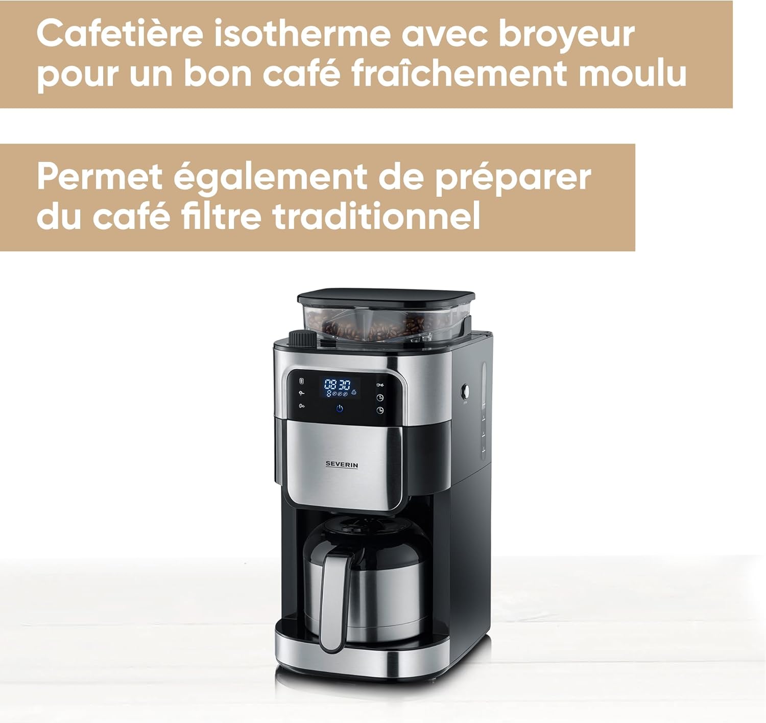 Cafetière avec broyeur intégré 1 000 W, Machine à café programmable avec minuteur, Cafetière filtre avec verseuse isotherme d'une contenance de 8 tasses, Noir/Inox, KA 4814 Écran tactile LED & carafe isotherme