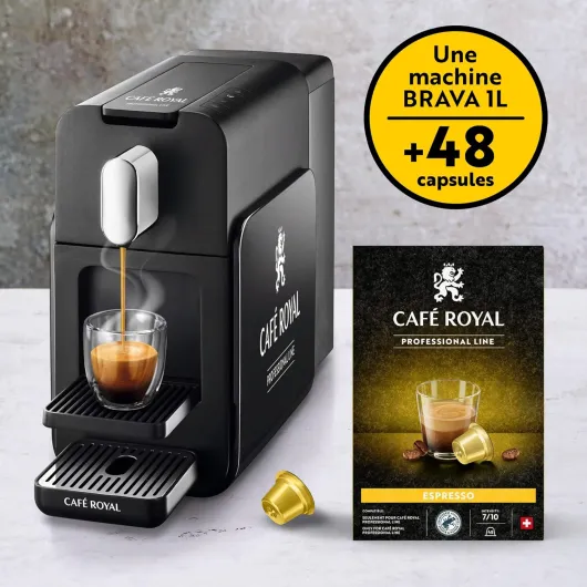 Café Royal Pro - Machine à Café BRAVA - Compatible avec Capsules Machine Pro Uniquement - Bureau & Entreprise - Ristretto, Espresso & Lungo Programmables - Prête en 15 sec - 48 Capsules Offertes