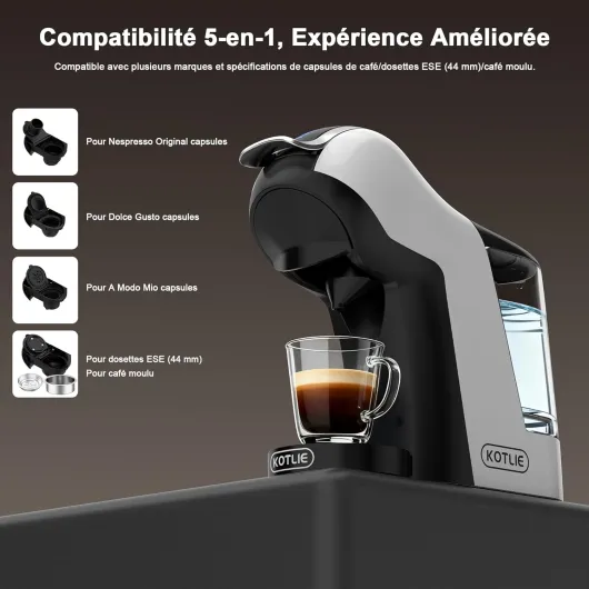 308B Machine à café à capsules NES/DG/MIO/ESE et café moulu, réservoir d'eau de 1 litre, 3 températures de brassage, idéale pour la cuisine, l'appartement et le bureau (blanc)