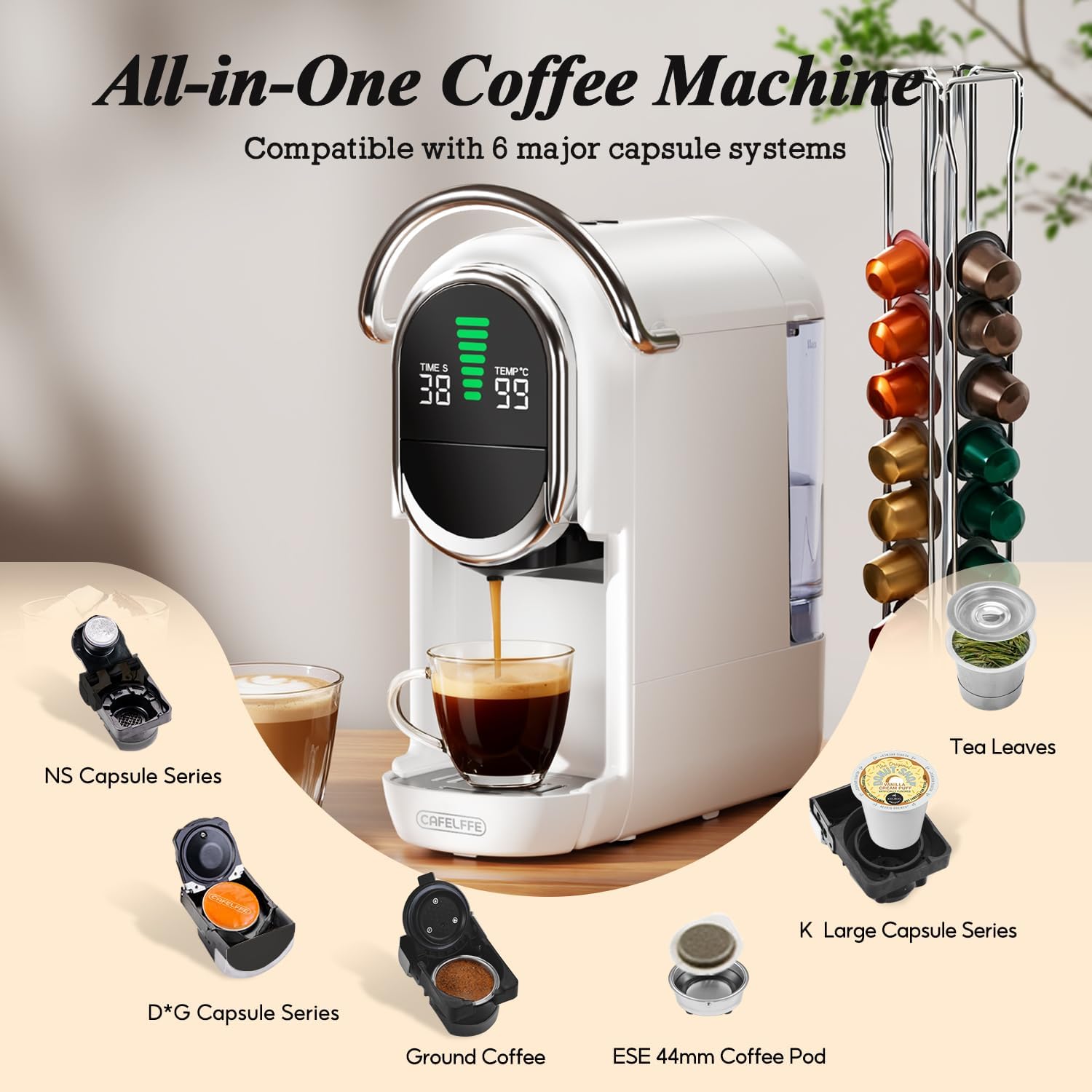 Cafelffe Machine à Café Multi-Capsules MK-609S 6 en 1, 7 tailles de tasse, machine expresso 19 bars, compatible avec les capsules NES Original/DG/ESE/K-Cup, le thé et le café moulu, 1450 W