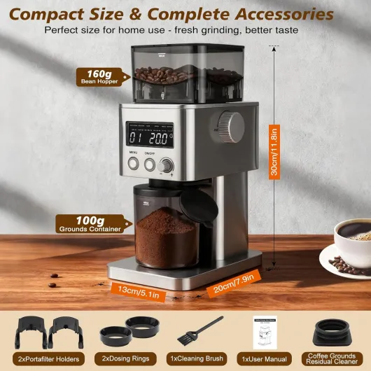 Homtone Moulin à Café Électrique en Acier Inoxydable avec Écran LCD, 31 Niveaux de Mouture Précise, Moulin à Café pour Espresso/Café Filtre/French Press