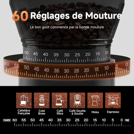 Moulin à Café Electrique, Machine a Café Grain Portable 110W, Batterie 2600mAh, Broyeur Cafe Grain de 60 Réglages de Mouture Individuels, avec Porte-filtre pour Machine à Café Espresso Black