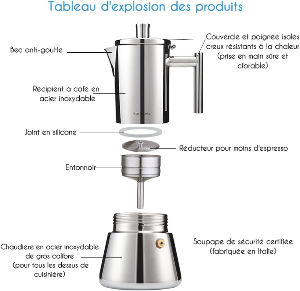 Diego Cafetière expresso italienne en acier inoxydable, 4 tasses, 200 ml, cafetière à induction 200ml Argenté