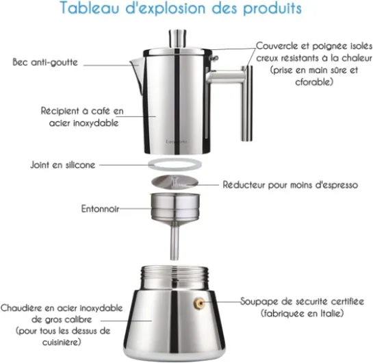 Diego Cafetière expresso italienne en acier inoxydable, 4 tasses, 200 ml, cafetière à induction 200ml Argenté