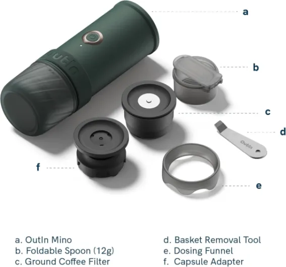 Mino Machine à Expresso Électrique Portable, Mini Cafetière de Camping de Voyage, Machine à Café Format Poche Auto-Chauffante, Compatible Café Moulu & Adaptateur Capsule NS pour Aventure Tundra Brown