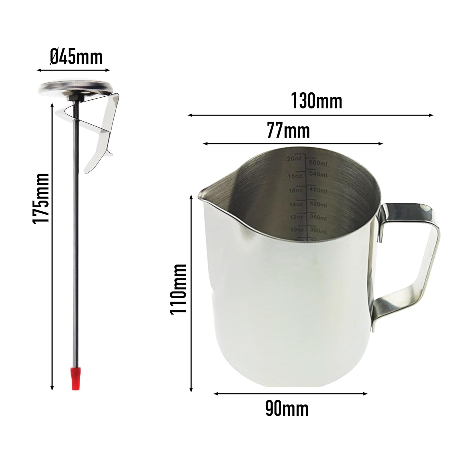 Kit de barista avec thermomètre à lait, pot à lait de 600 ml, shaker à cacao et 16 pochoirs, idéal pour les cafés latte, les cappuccino et les café mocha