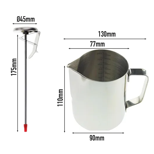 Kit de barista avec thermomètre à lait, pot à lait de 600 ml, shaker à cacao et 16 pochoirs, idéal pour les cafés latte, les cappuccino et les café mocha