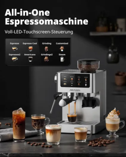 20 Bar Espresso Machine à Café Grain avec Mousseur, 10 Réglages de Mouture, Ecran Tactile, En Acier Inoxydable, Réservoir 1,8 L- Espresso, Café Froid (Cold Brew), Americano et Latte Machine a Cafe Grain