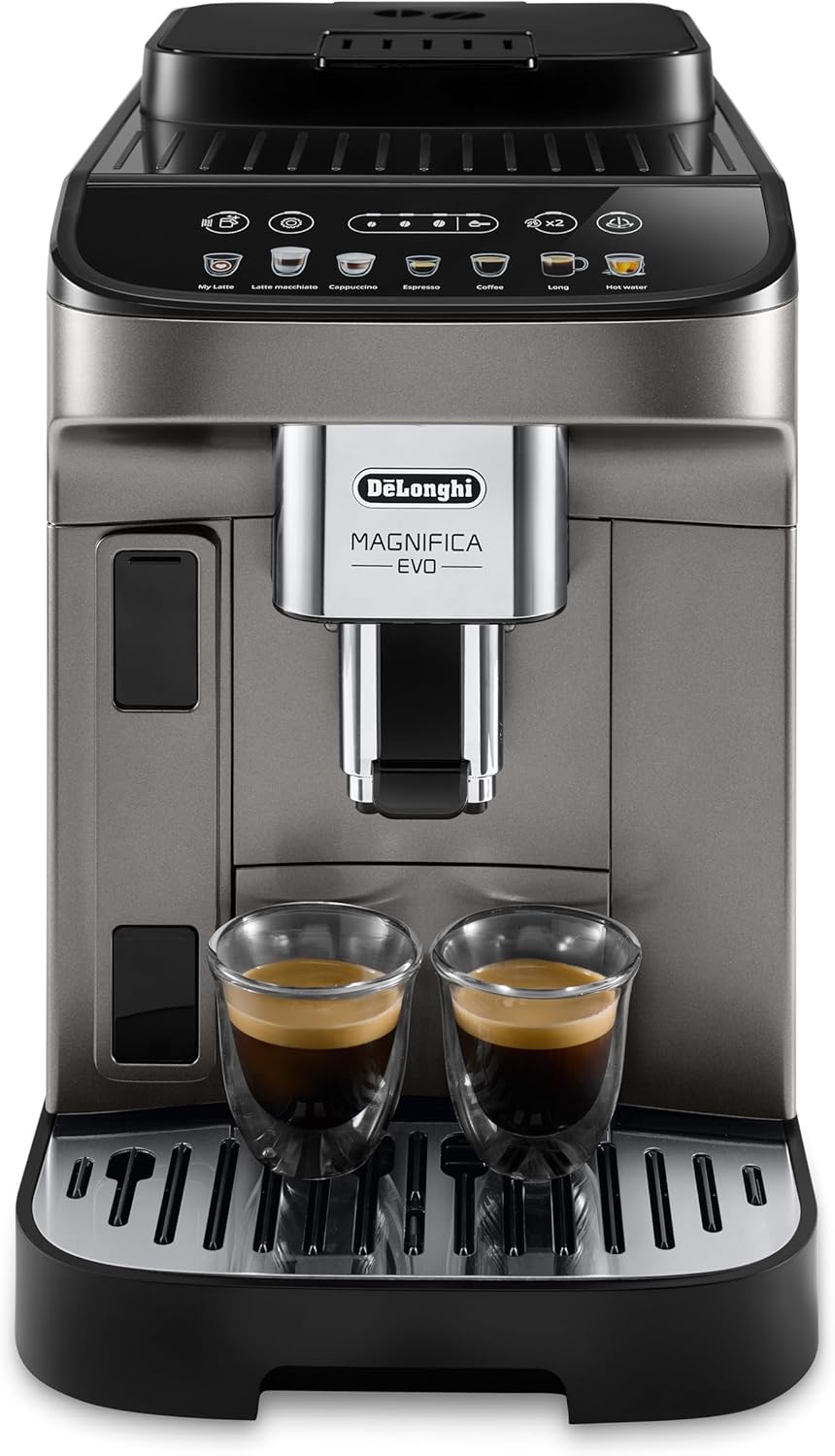 De'Longhi Magnifica Evo ECAM290.81.TB, Cafetière Automatique avec Mousseur de Lait, Taille Compacte Machine Grain, Mousseur de Lait Automatique, 7 Recettes, Affichage Tactile Doux Coloré, Titane/Noir