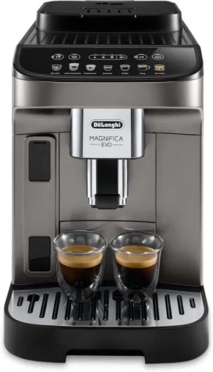 De'Longhi Magnifica Evo ECAM290.81.TB, Cafetière Automatique avec Mousseur de Lait, Taille Compacte Machine Grain, Mousseur de Lait Automatique, 7 Recettes, Affichage Tactile Doux Coloré, Titane/Noir