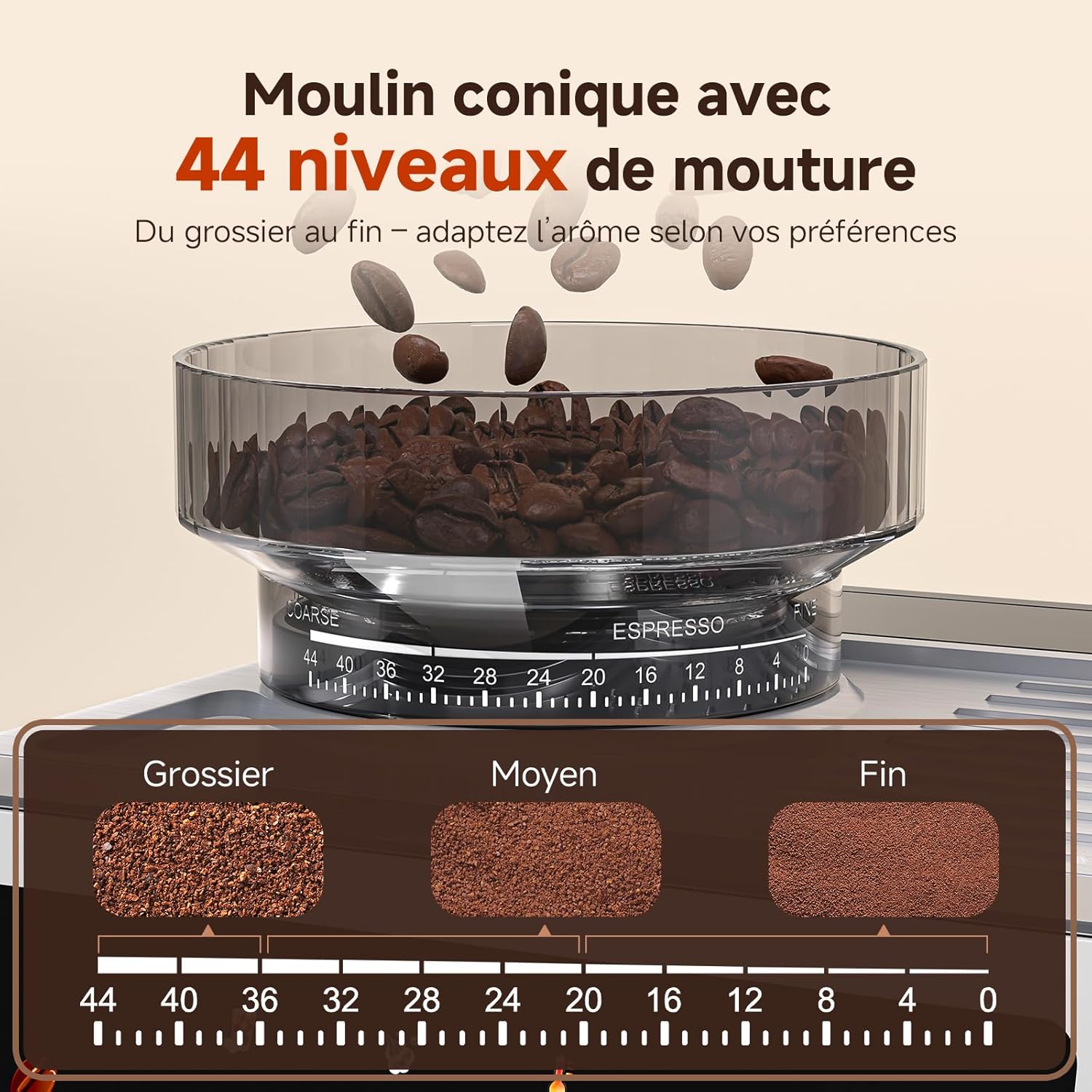 Machine à café Expresso avec broyeur intégré 20 Bars – 44 réglages de mouture, buse vapeur lait, 4 températures, fonction café froid, acier inoxydable, réservoir 1,8 L 1.8L water tank Silver