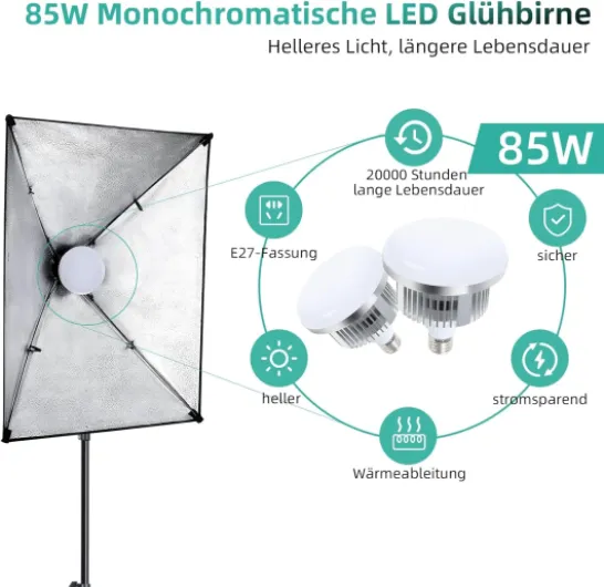 , 2X135W 2X85W LED (lumière monochrome) Kit softbox studio photo, coton 2,6mx3m, 2x50x70cm Éclairage photographique, parapluies, sac de sable et kit photo studio Noir/Vert/Blanc