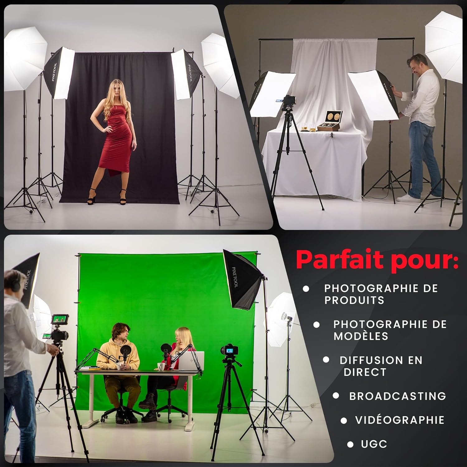 Kit Studio Photo et Éclairage – Softbox - Écran de Projection - Fond Vert avec Support (3m x 3m) -3X Toile de Fond Photo – Green Screen – Lampe - Lumiere -Photographie Streaming Gaming Jeu Ensemble XXL