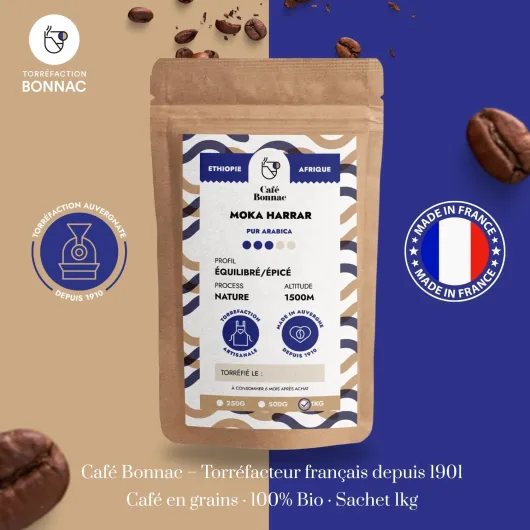 Café Bonnac – Café En Grain Éthiopie Harrar 1kg - 100% Arabica Naturel - Torréfaction Artisanale Française - Notes De Fruits Rouges, Moka Et Épices - Idéal Machine À Café Grain Et Filtre 1 1 kg (Lot de 1)