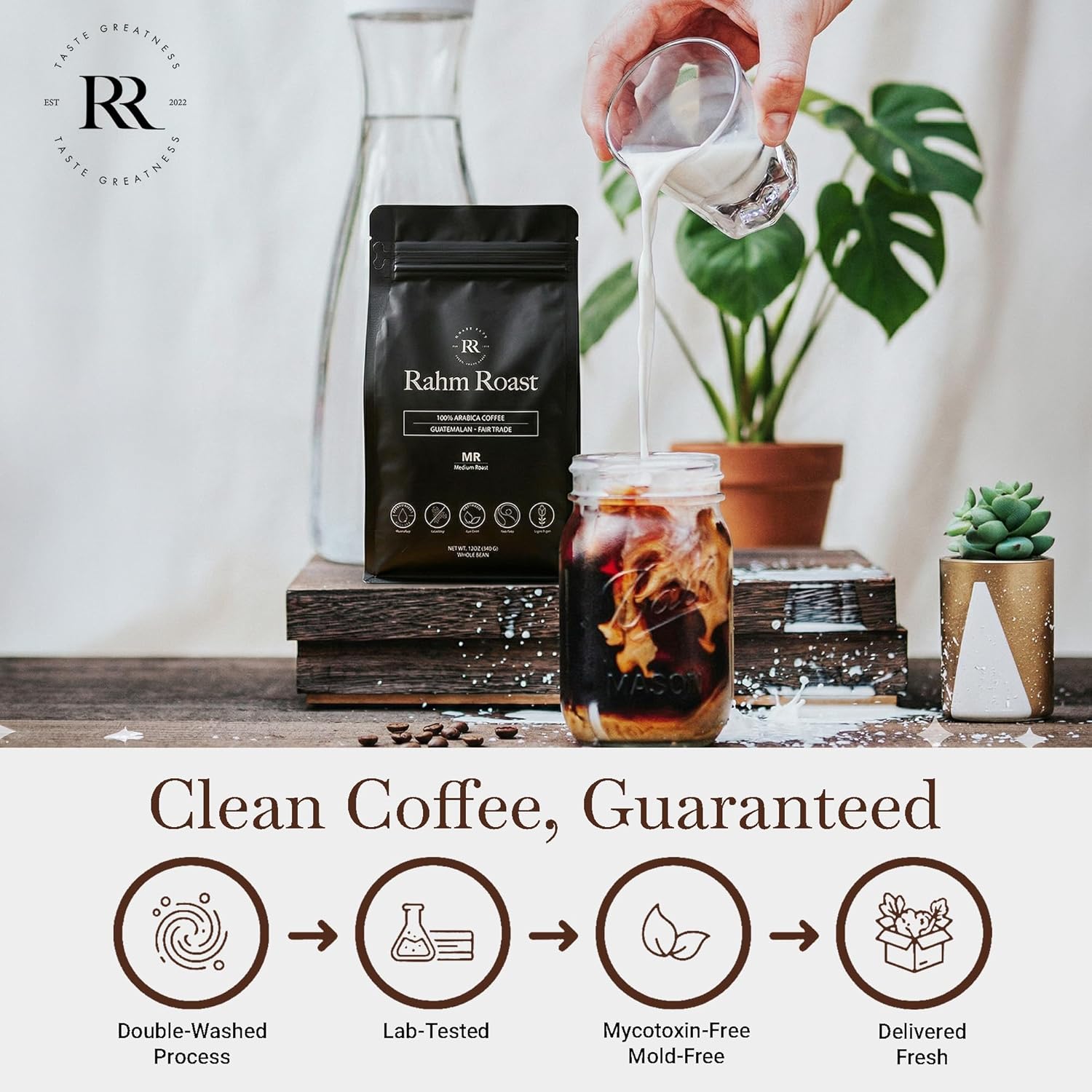 RAHM ROAST Grains de Café Doublement Lavés – Grains Entier, Torréfaction Moyenne, Issu d’une Seule Origine, Purifié des Moisissures et Mycotoxines - Café Doux et Équilibré du Guatemala, 340 g