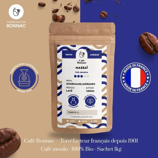 Café Bonnac - Café Moulu Kenya Massaï 1kg – 100% Arabica De Haute Altitude - Goût Fruité Et Intense - Torréfaction Artisanale En France - Café Moulu Pour Machine À Café Grain Origine Contrôlée 1 kg (Lot de 1) 1
