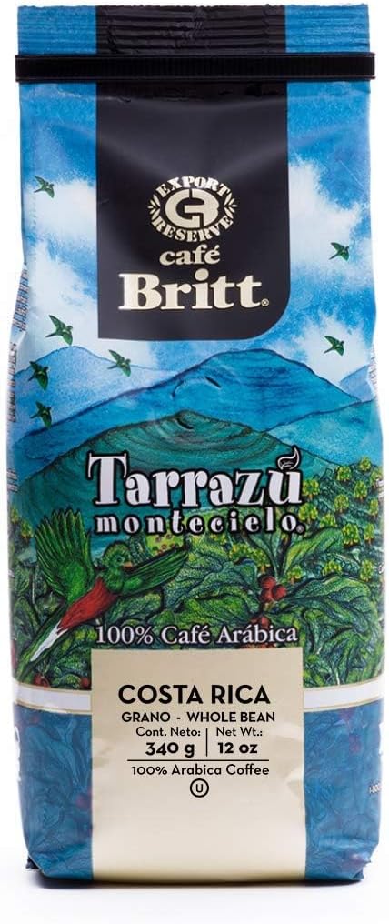 Café Britt® - Café costaricien Tarrazu Montecielo (350 ml) (paquet de 3) - Grains entiers, café arabica, casher, sans gluten, 100% gourmet et torréfaction moyennement foncée