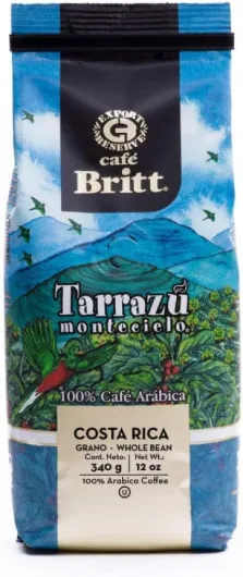 Café Britt® - Café costaricien Tarrazu Montecielo (350 ml) (paquet de 3) - Grains entiers, café arabica, casher, sans gluten, 100% gourmet et torréfaction moyennement foncée