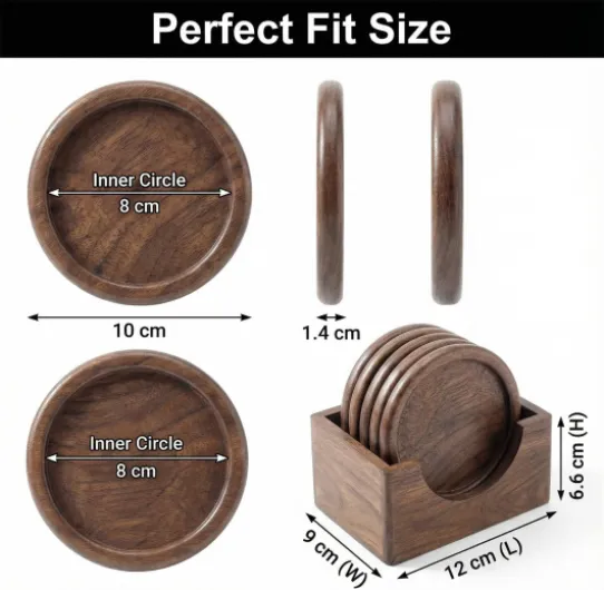 Dessous de Verre en Noyer 6 pièces - Ronds pour Tasses et Verres - Coaster en Bois avec Support de Rangement - Résistant à la Chaleur - Dimensions: ø 10 cm