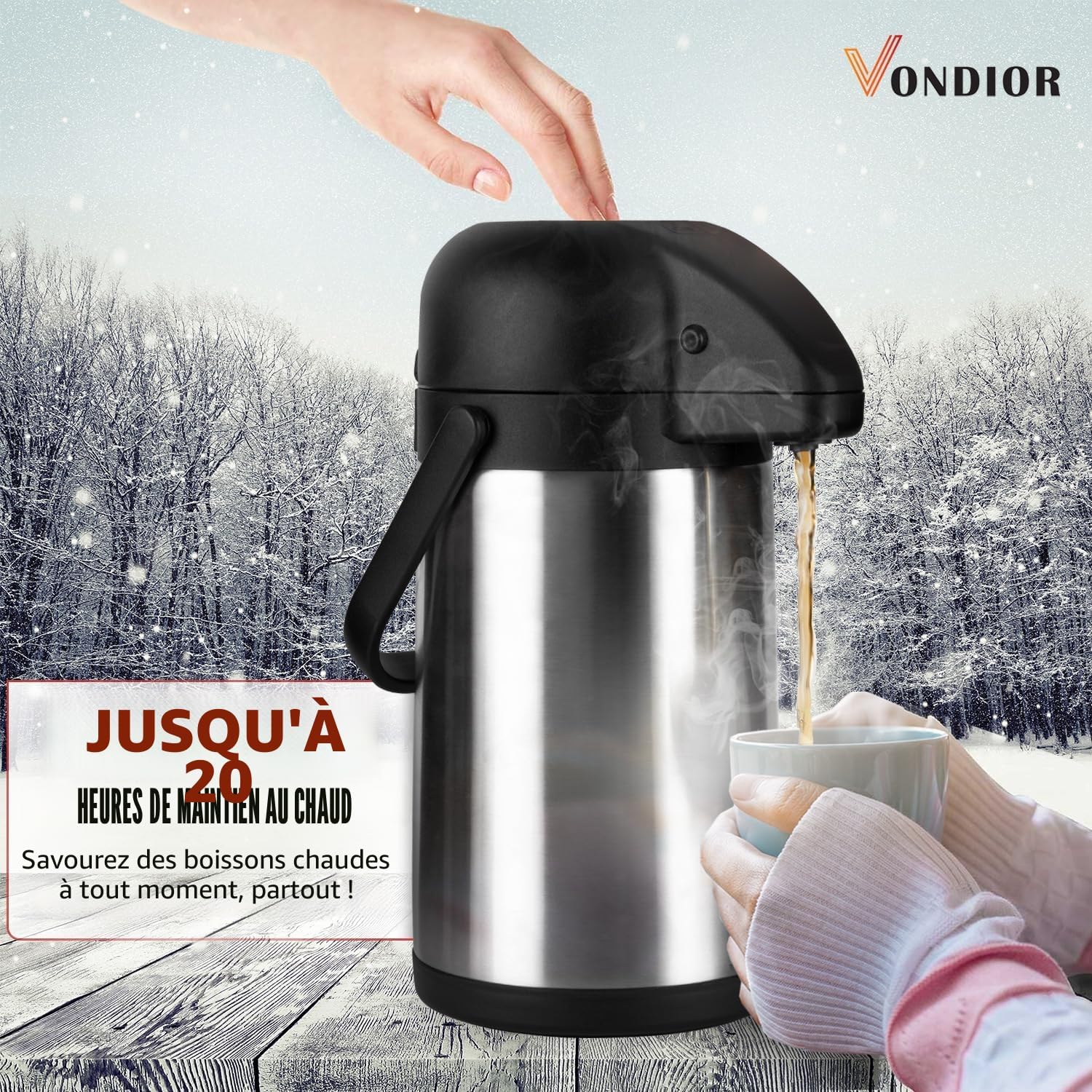 Vondior Carafe à café thermique 1,9 L, cafetière à pompe isolée en acier inoxydable, théière sous vide pour eau chaude/froide, boissons au chocolat de fête 1.9 Litres