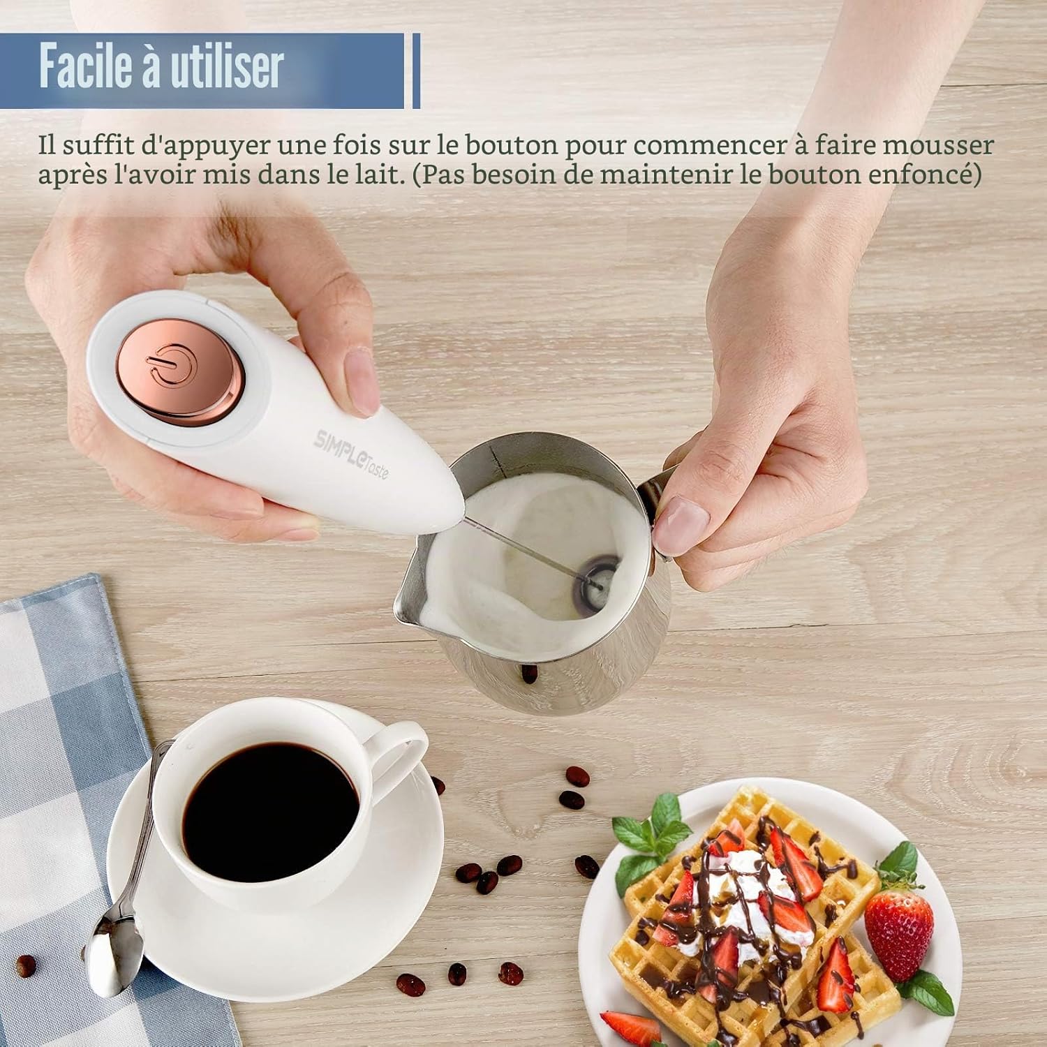Mousseur à lait manuel à piles électrique, mélangeur de boissons avec fouet en acier inoxydable et support pour cappuccino, café Bulletproof, latte Blanc Pur
