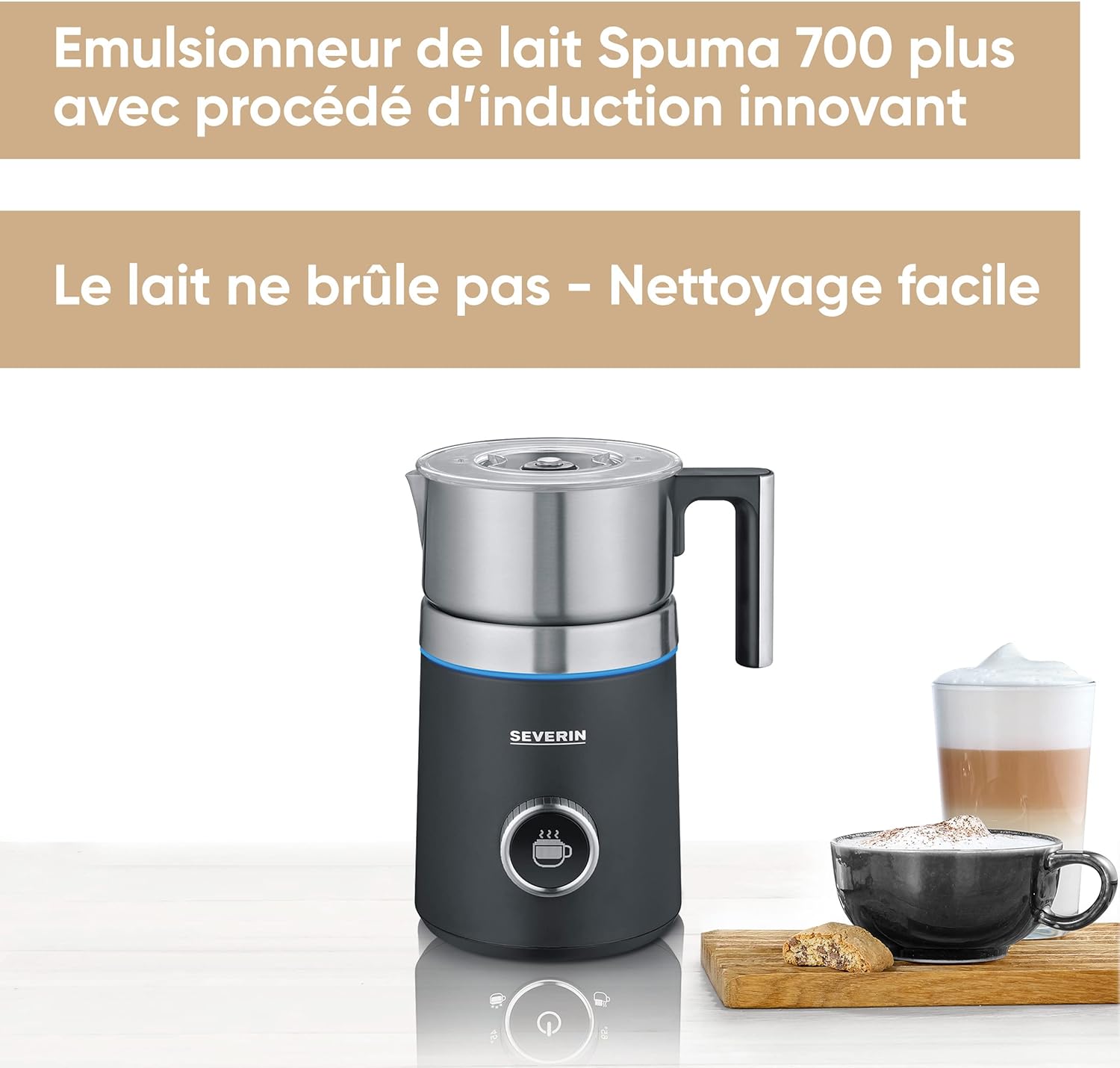 Émulsionneur de lait Spuma 700 Plus 500 W, Mousseur de lait à induction, Mousseur à lait électrique, Chocolatière 700 ml, 13 programmes, inox/noir, SM 3587 Premium