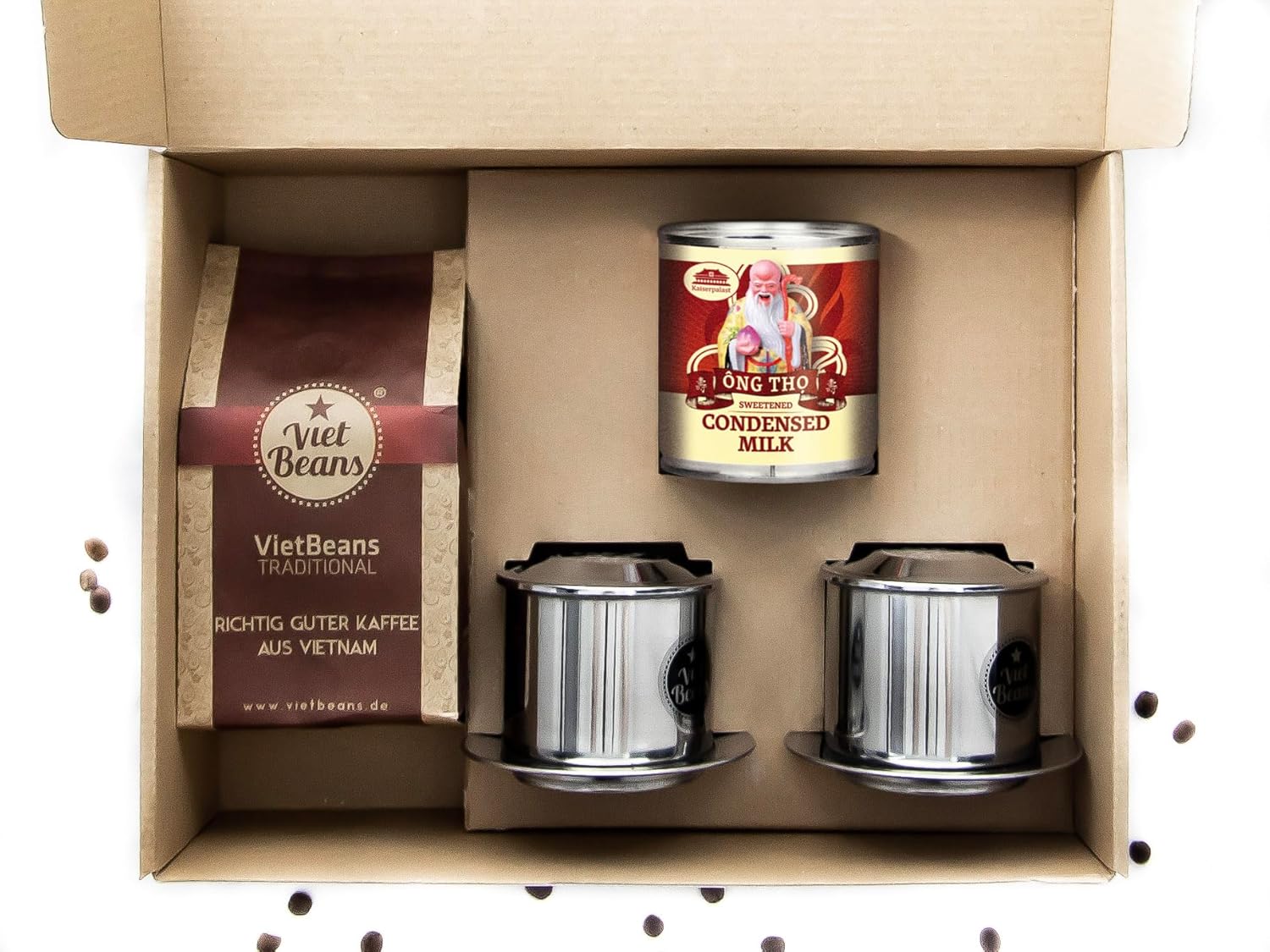 Set de démarrage pour café vietnamien VietBeans "Petit-déjeuner pour deux" - 250g moulu Traditionnel + 2 x filtre en acier inoxydable (Phin) + Lait condensé sucré Traditional
