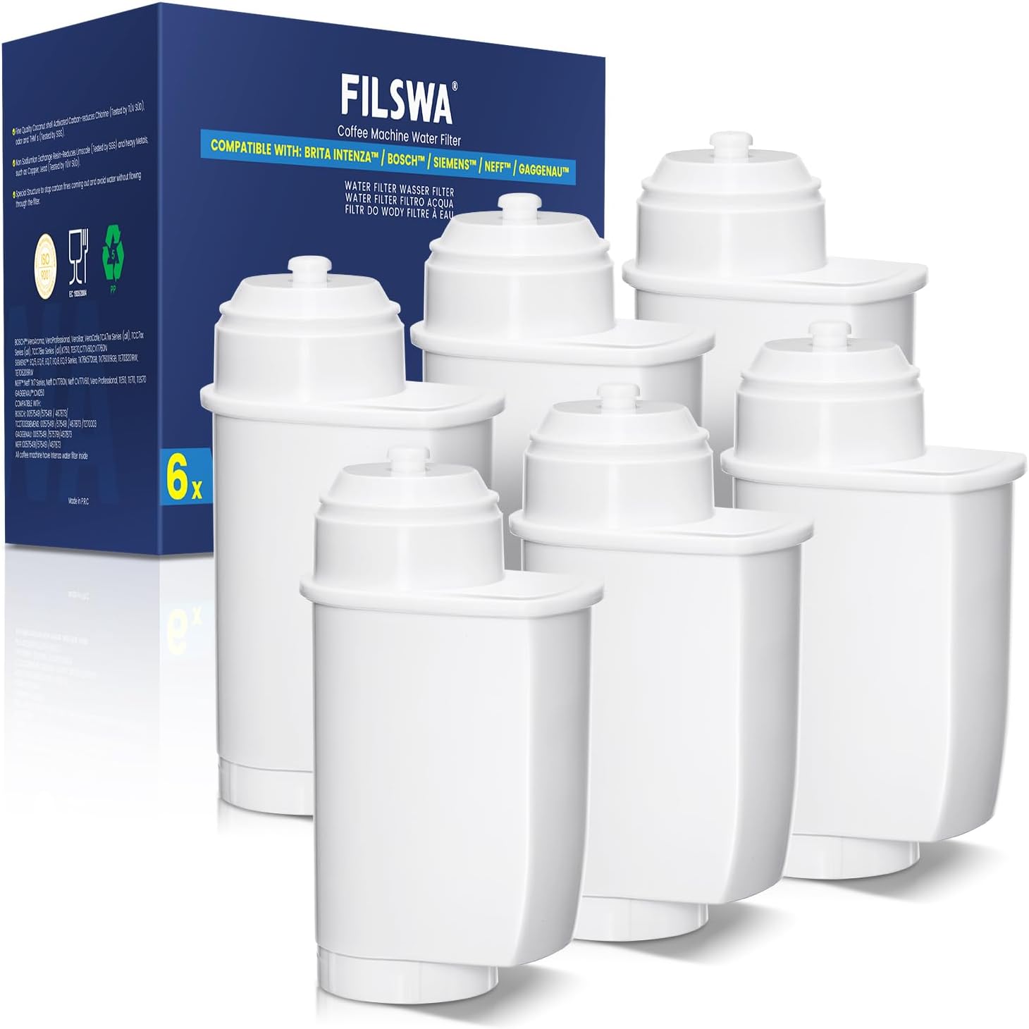Filswa Filtre à eau pour machine à café automatique - Convient pour les séries Siemens EQ, EQ6 Plus S700, EQ9 S900 S500, EQ500, TCZ7003, TCZ7033, filtre à eau Bosch 12008246, certifié TÜV SÜD (6) 6 Unité