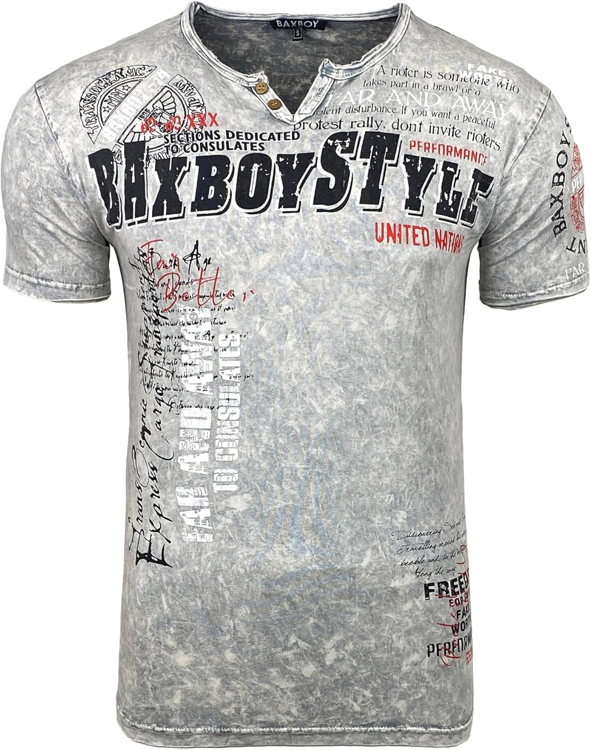 Tee Shirt pour Homme Délavé à Col V Boutonné avec Imprimé Unique Tendance et Vintage - BX148 XL Gris Clair