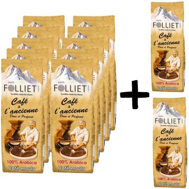 CAFÉS FOLLIET - Café Moulu À L'Ancienne - 10 + 2 offerts - Torréfaction Traditionnelle - Intensité 8/10 - Arabica Pur - 100% Arabica - Cafés Verts Amérique Centrale, Afrique & Asie - 12 x 250 g 250 g (Lot de 12)