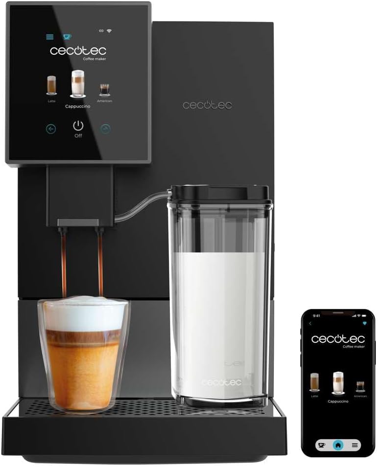 Machine a Café Espresso Superautomatique Cremmaet Compactccino Connected Black Silver - 19 Bars, Écran TFT, Wifi, Moulin Integré, Réservoir d'eau 1,1 L et de lait 400 ml, Nettoyage Automatique