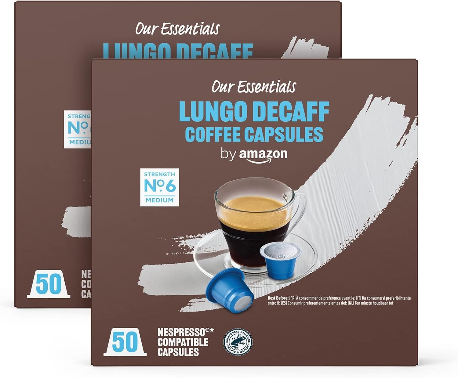 Capsules de café Lungo Décaféiné compatibles avec Nespresso, Torréfaction Moyenne, 100 Unité (2 lot de 50) Certifié Rainforest Alliance Lungo Décaféiné 50 unité (Lot de 2)