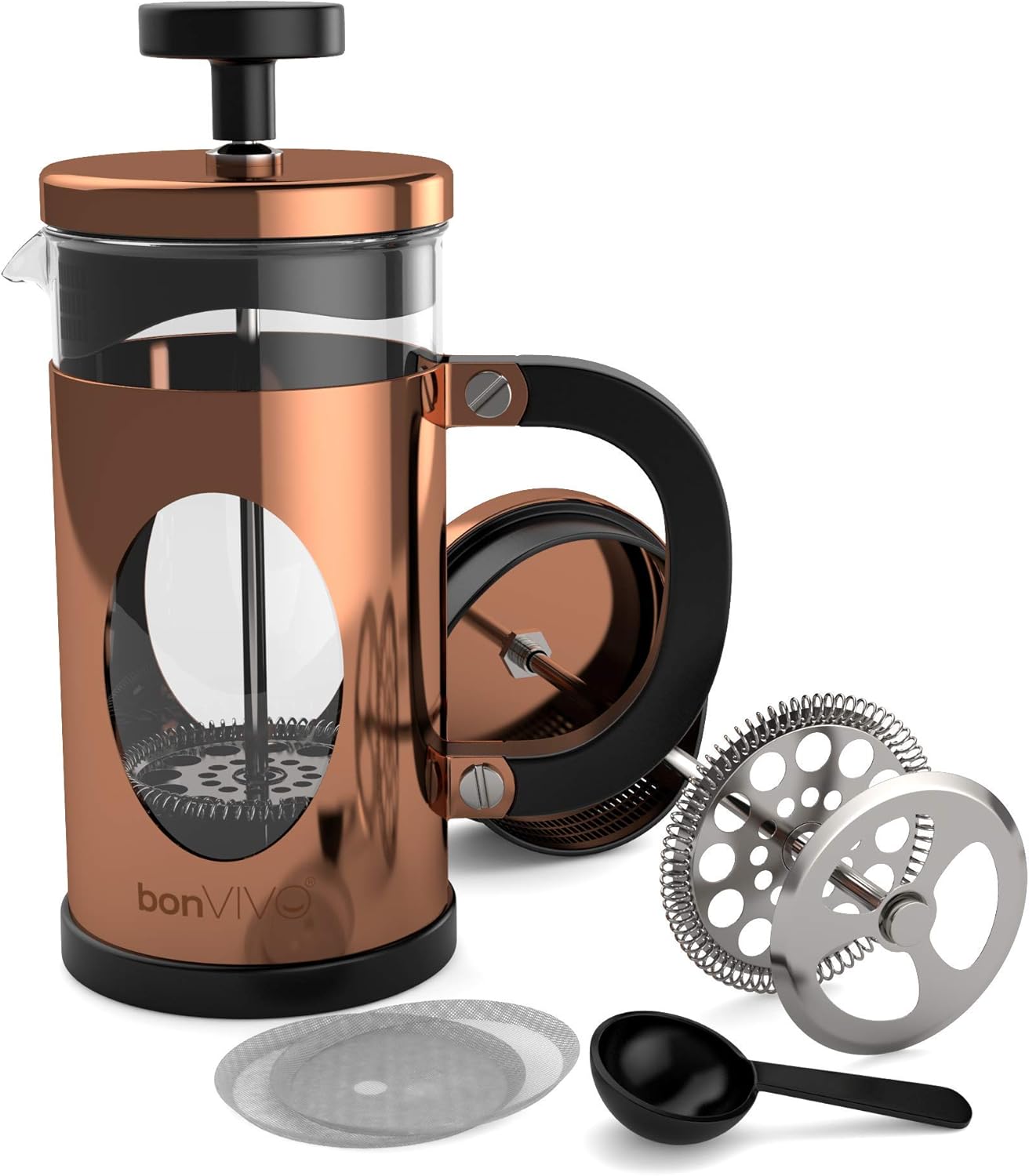 Cafetière à Piston en Acier Inoxydable avec Cuillère et Filtre de Rechange en Maille Résistante à la Chaleur 350 ml Cuivre 3 cups